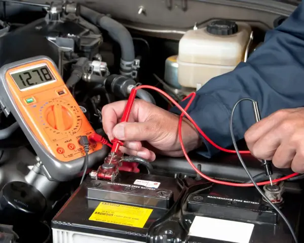 A person uses a multimeter to test a car battery in an engine bay.
