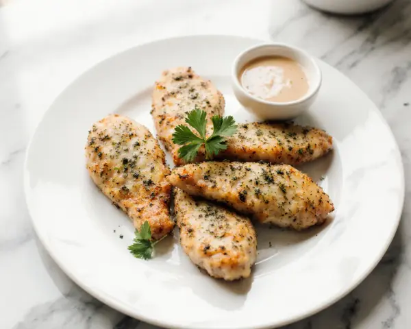 Aiguillettes de poulet dorées et assaisonnées, servies avec une sauce crémeuse. Une recette simple et savoureuse.
