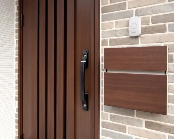 Puerta de madera oscura con tirador negro, buzón de madera y un timbre blanco. Varios tipos de timbre se pueden ver en la pared de ladrillos.
