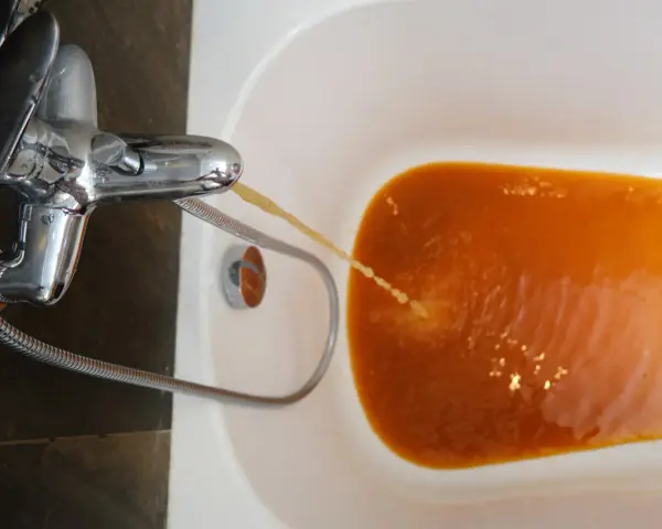 Rubinetto che eroga acqua troppo calda, di colore arancione, nella vasca da bagno.