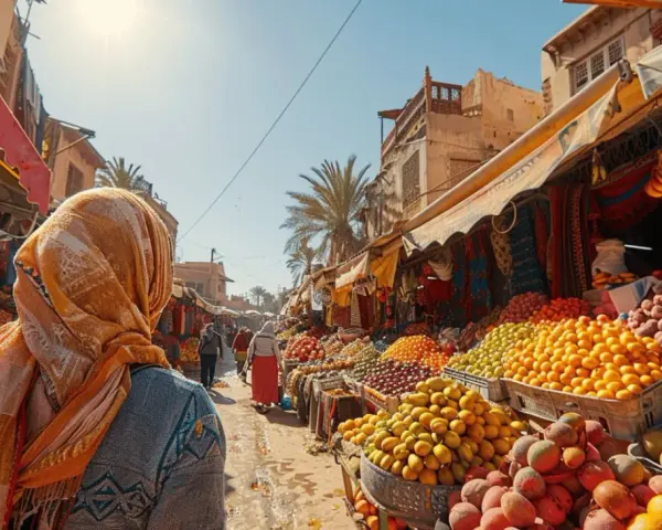 Photographie de voyage d'un marché animé, rempli de fruits colorés et de tissus. Une femme voilée observe la scène.