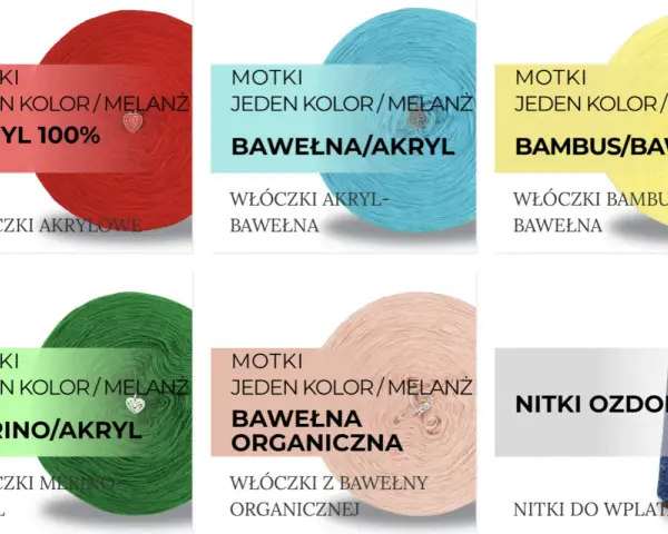 Sześć motków włóczki: akrylowej, bawełnianej, bambusowej, merino, bawełny organicznej i ozdobnych nitek. Idealne do szydełkowania, np. szydełko prym.