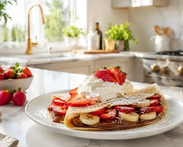 Crepe doblada con fresas, plátano y nata, perfecta para una receta crepes para 2. Espolvoreada con azúcar glas.