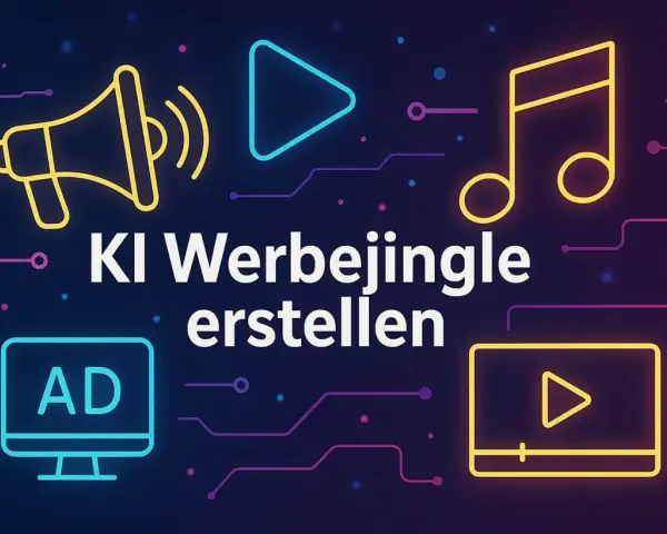KI-gestützte Erstellung von Musik für Werbung. Icons für Megafon, Play-Button, Noten und Bildschirm mit "AD" zeigen die Möglichkeiten.