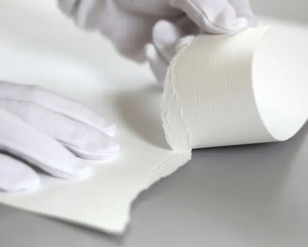 Manos enguantadas manipulan papel texturizado, mostrando su grosor. Esto ayuda a entender qué es el gramaje.