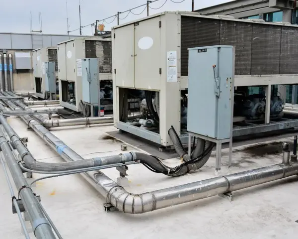 Unidades de aire acondicionado industriales en una azotea, con tuberías de ventilación y aire acondicionado (HVAC) conectadas.
