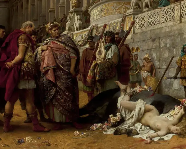 Scena z najsłynniejszymi obrazami w Muzeum Narodowym w Warszawie: ofiara byka i triumfujący Rzymianie.