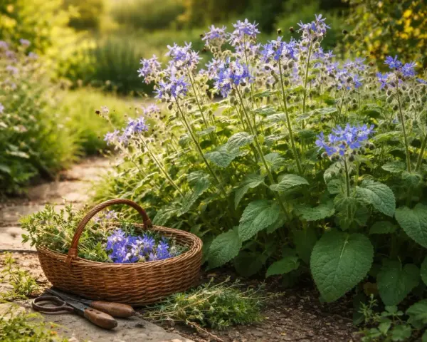 Ein Korb mit frisch geschnittenen Kräutern und blauen Blüten, darunter ein zarter borretsch keimling, liegt neben einer Gartenschere auf einem Steinweg.