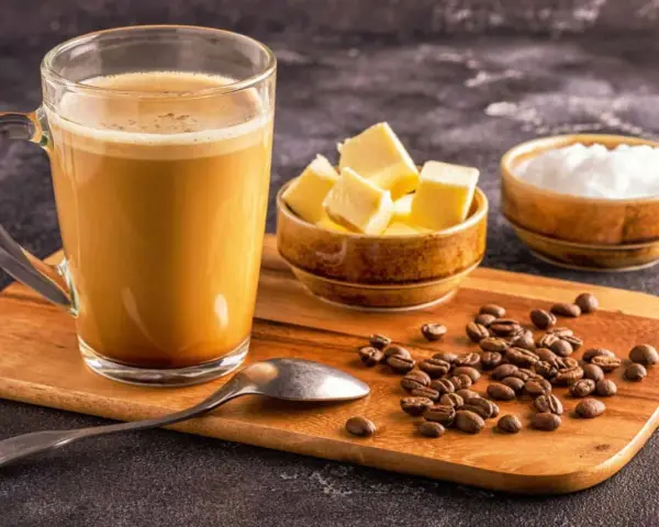 Ein Glas Bulletproof Coffee mit Butterwürfeln, Kokosöl und Kaffeebohnen auf einem Holzbrett.