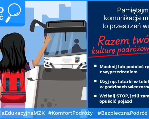 Dziewczyna z plecakiem czeka na autobus na przystanku na żądanie. Pamiętajmy o kulturze podróżowania komunikacją miejską.