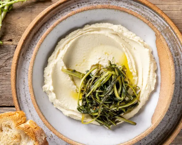 Crema di fave e cicoria saltata, servita su un piatto rustico con pane croccante.