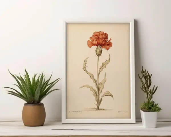 Ilustración botánica de una flor de sagitario, un clavel anaranjado, enmarcada.