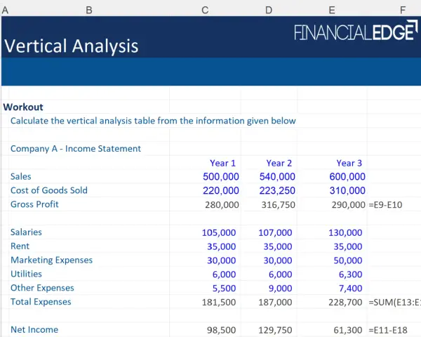 Spreadsheet showing a workout for vertical analysis of Company A's income statement across three years, with sales, cost of goods sold, and expenses listed.