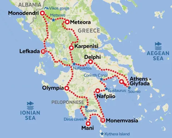 Trasa podróży samochodem do Grecji: od Albanii przez Meteory, Delfy, Ateny, Peloponez (Sparta, Mani) i powrót.