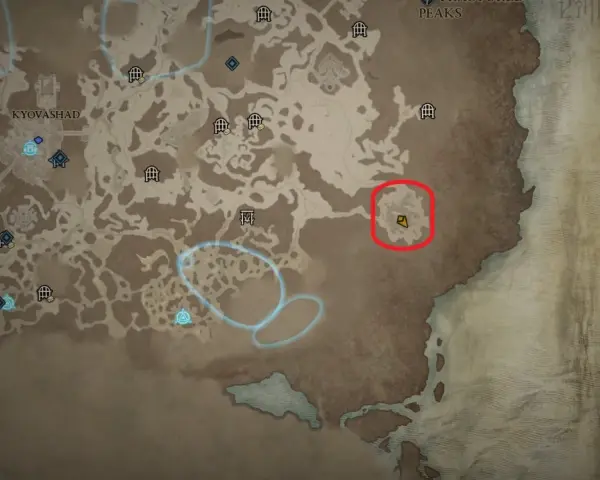 Mapa Sanktuarium z zaznaczonym obszarem, gdzie znajduje się diablo 4 boss świata.
