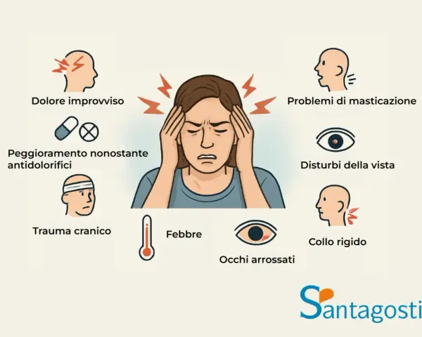 Illustrazione di sintomi associati a mal di testa e occhi: dolore improvviso, peggioramento con antidolorifici, problemi di masticazione, disturbi della vista, trauma cranico, febbre, collo rigido, occhi arrossati.