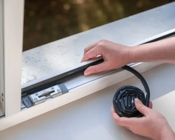 Hände legen eine neue Fensterdichtung an, um Zugluft zu vermeiden.