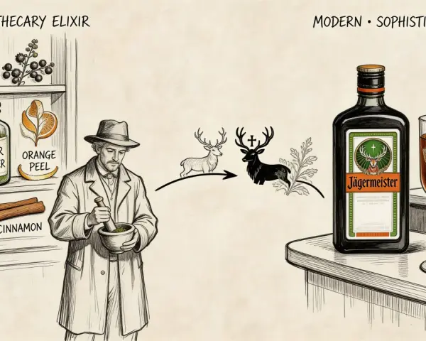 Ilustracja przedstawia ewolucję Jägermeistera: od aptekarza z ziołami do butelki i drinka z colą.