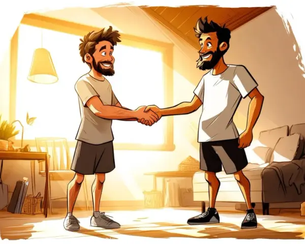 Zwei Männer mit Bärten schütteln sich die Hände. Ein Mann trägt ein hellgraues T-Shirt und dunkle Shorts, der andere ein weißes T-Shirt und dunkle Shorts. Sie stehen in einem hellen Raum mit einem Fenster und einem Sofa. Phlm 1:3.