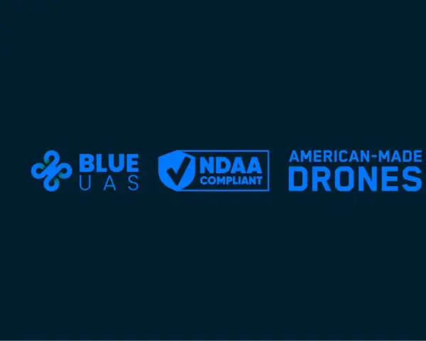 Blue UAS logo with NDAA compliant badge and "American-Made Drones" text.