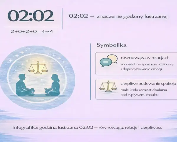 Godzina lustrzana 02:02 symbolizuje równowagę w relacjach i cierpliwe budowanie spokoju.