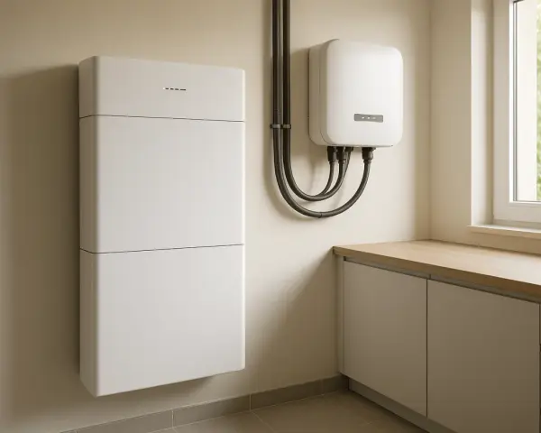 Nowoczesny magazyn energii do domu, biały, modułowy, zamontowany na ścianie obok falownika.