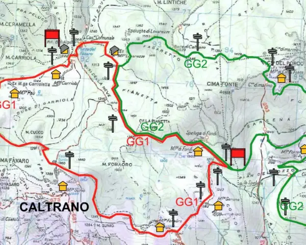 Mappa sentieri con percorsi GG1 e GG2, ideale per un giro malghe Caltrano. Segnalati rifugi e cime.