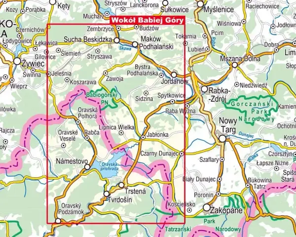 Mapa szlaków turystycznych wokół Babiej Góry, z zaznaczonymi miejscowościami i parkami narodowymi.