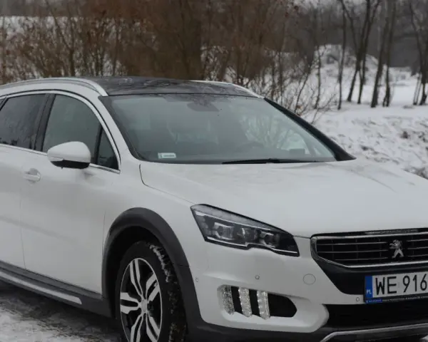 Biały Peugeot 508 RXH na śniegu, gotowy na zimowe wyzwania.
