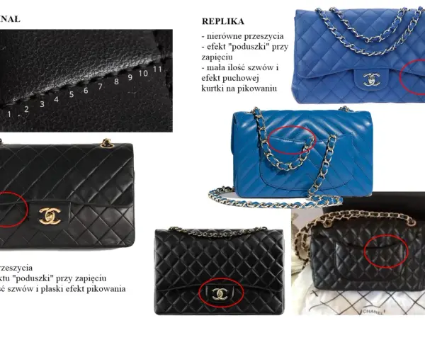 Porównanie oryginalnych i podrabianych torebek Chanel. Detale pikowania i zapięć pokazują różnice między oryginałami a replikami coco chanel torebki.
