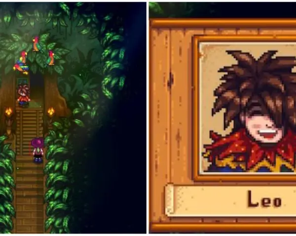 Encuentra a Leo en Stardew Valley, rodeado de loros en un árbol frondoso. A su lado, su retrato pixelado con una sonrisa traviesa.