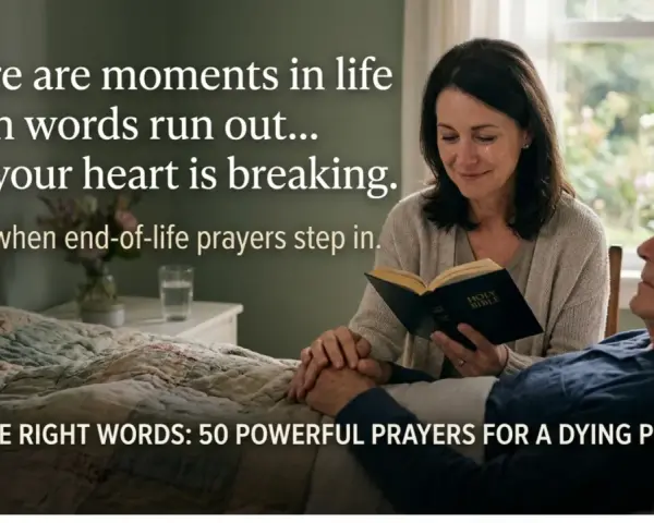 A woman reads from a Bible to a dying man. End-of-life prayers offer comfort when words fail.