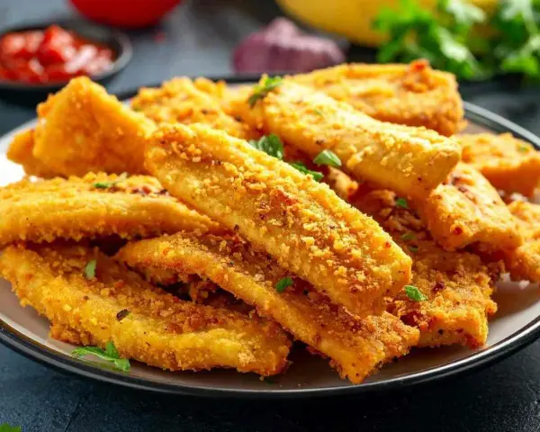 Bastoncini croccanti di zucchine in friggitrice ad aria, dorati e saporiti, guarniti con prezzemolo fresco.
