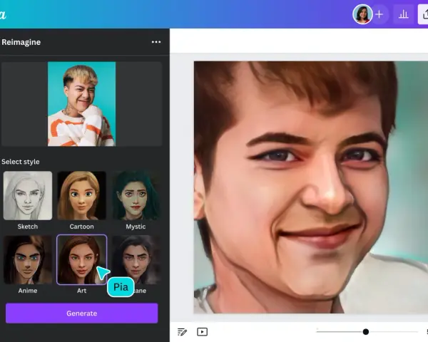 Przerabianie zdjęć AI za darmo w Canvie. Wybierz styl "Art" dla portretu.