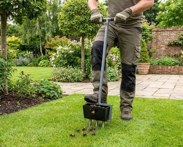 Gartenarbeit nach dem Winter: Ein Mann belüftet den Rasen mit einem speziellen Werkzeug, um ihn für die neue Saison vorzubereiten.
