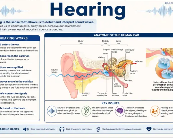 Le son est une vibration qui voyage dans l'air. L'image explique qu'est ce que le son et comment l'oreille le capte et le transmet au cerveau.
