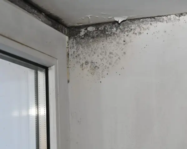 Angolo di una stanza con evidenti danni da infiltrazioni acqua piovana, muffa nera e scrostamenti sul soffitto e sulla parete vicino al serramento.