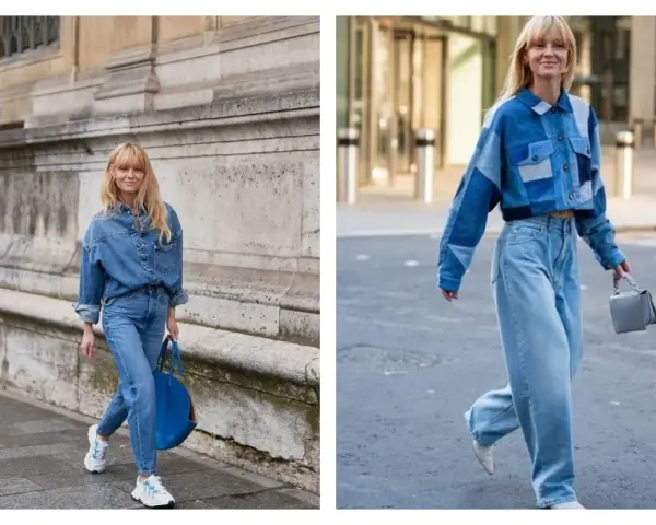 Deux femmes adoptent un look total denim, rappelant le style années 80. L'une porte une chemise oversize et un jean, l'autre une veste courte patchwork et un jean large.