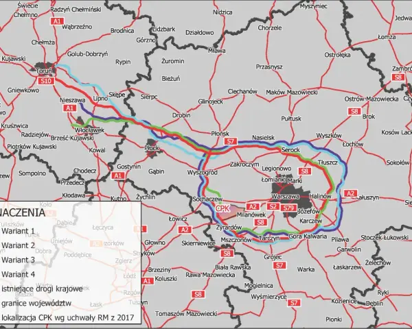 Mapa pokazuje warianty dróg z Warszawy do Szczecina. Odległość z Warszawy do Szczecina to ok. 400 km.