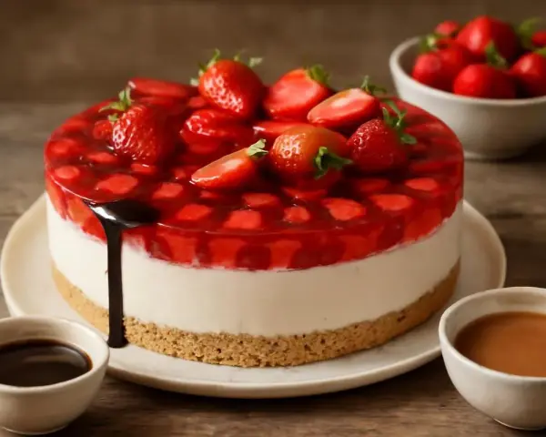 Deliciosa tarta de fresa con cobertura de gelatina y fresas frescas. Un postre perfecto para cualquier ocasión.