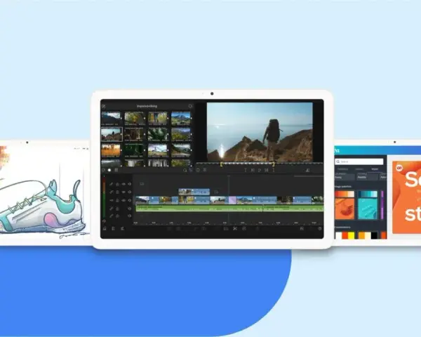 Drei Tablets zeigen Apps für Design, Videobearbeitung und Grafikgestaltung.
