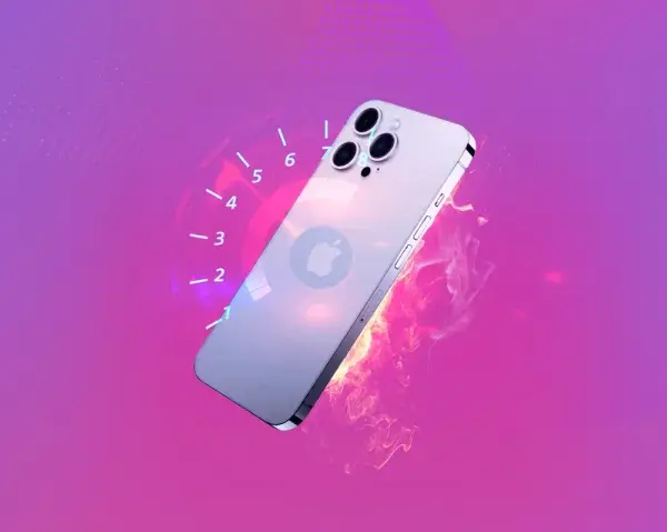 En iPhone 12 som inte laddar, med en hastighetsmätare och eld-effekter som symboliserar problemet.