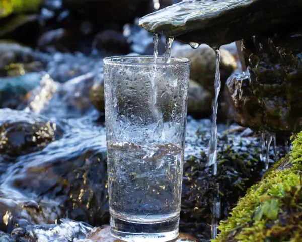 Ein Glas wird unter einem kleinen Wasserfall gefüllt. Die Frage, ob man quellwasser trinken kann, wird hier visuell beantwortet.