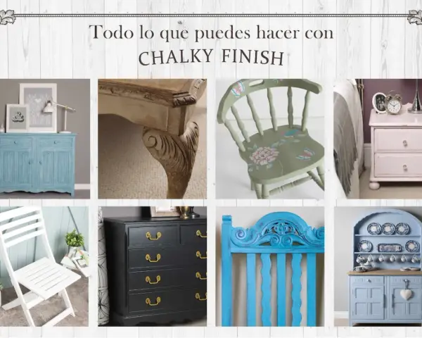 Muebles renovados con chalk paint: cómoda azul, silla decorada, mesita de noche rosa, cómoda negra, cabecero azul y aparador.