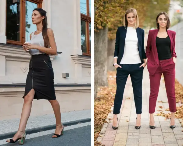 Kobiety w stylizacjach smart casual: jedna w czarnej spódnicy i topie, dwie kolejne w eleganckich garniturach.