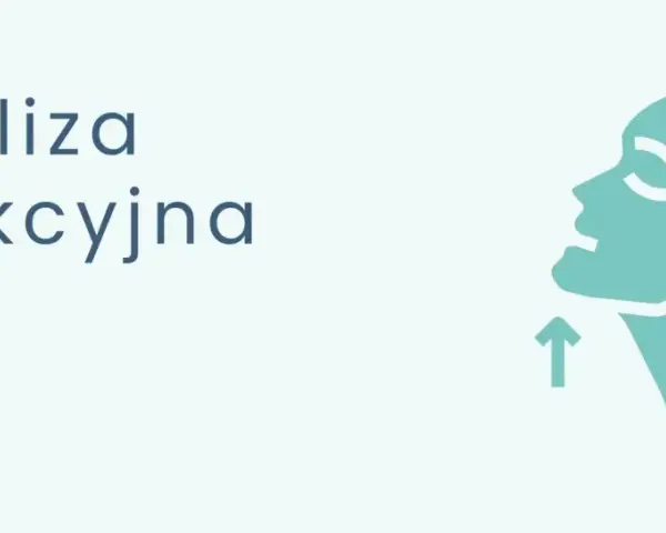 Grafika przedstawia profil twarzy z zaznaczonym podbródkiem i strzałką skierowaną ku górze, symbolizującą zabieg. Tekst: "Lipoliza iniekcyjna zalecenia po zabiegu".