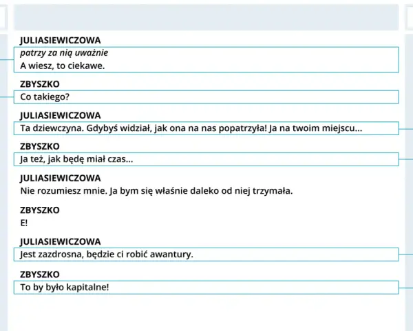 Fragment scenariusza: dialog między Julią a Zbyszkem. Julia opisuje dziewczynę, a Zbyszek reaguje. Czytamy didaskalia co to znaczy.