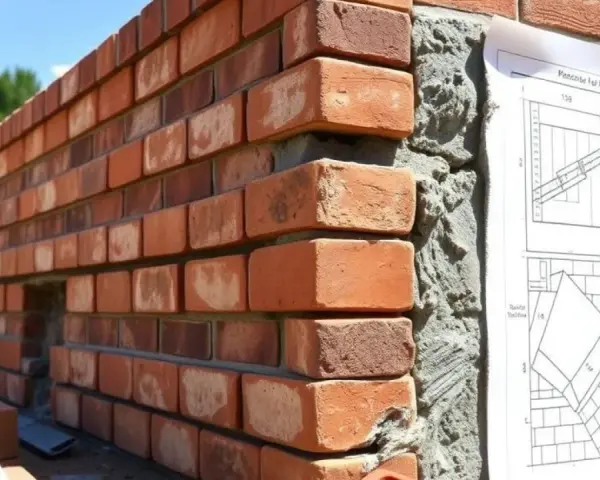 Construction d'un mur en briques rouges, montrant différents types de pierres de construction et un plan détaillé.