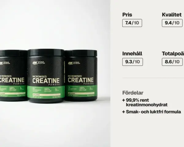 Tre burkar Optimum Nutrition Micronised Creatine Powder. Texten "hur mycket kreatin per dag" kan kopplas till informationen om 3g kreatin per portion.