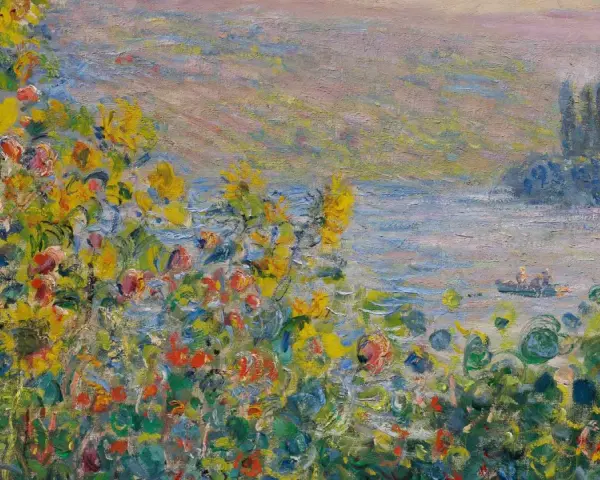 Un jardin fleuri débordant de couleurs vives, avec des touches de jaune, rouge et bleu. Au loin, un lac paisible et une petite barque. Une belle illustration de comment utiliser la peinture à l'huile.